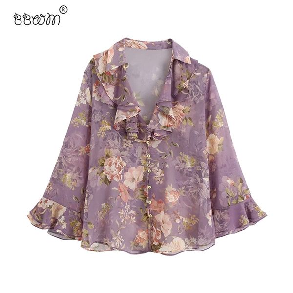 women fashion see through floral print ruffles blouses vintage v neck long sleeve shirts female chic 210531, White
women fashion see through floral print ruffles blouses vintage v neck long sleeve shirts female chic 210531, White