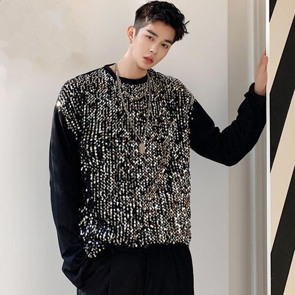 men reflective sequins long sleeve tees shirt black white loose casual hip hop dj male singer nightclub stage t-shirts, White;black
men reflective sequins long sleeve tees shirt black white loose casual hip hop dj male singer nightclub stage t-shirts, White;black