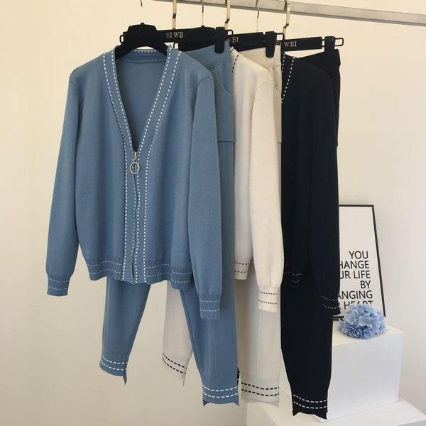 women's two piece pants amolapha women zipper v neck sweater +pants sets long sleeve woman knit jackets coats trousers suits, White
women's two piece pants amolapha women zipper v neck sweater +pants sets long sleeve woman knit jackets coats trousers suits, White