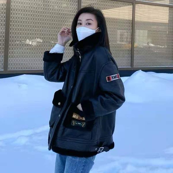 women's leather & faux haining fur one coat young middle long lamb 2021 cashmere winter, Black
women's leather & faux haining fur one coat young middle long lamb 2021 cashmere winter, Black