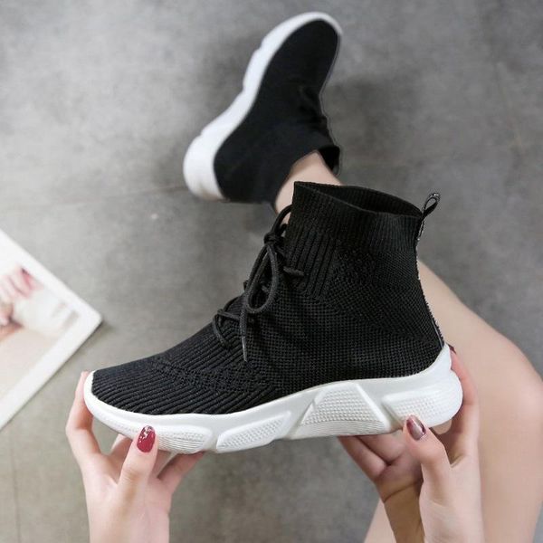 boots sneakers women knit upper breathable sport shoes sock woman chunky high running for frenum, Black