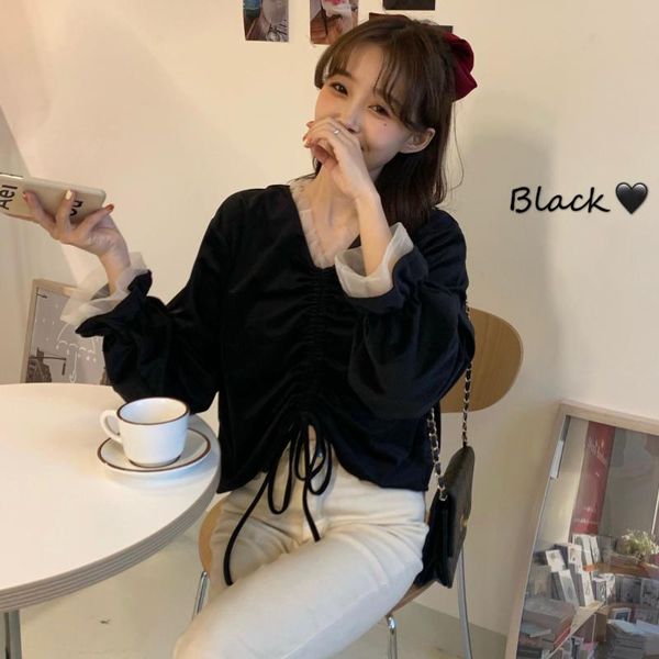 women's blouses & shirts 2021 velvet with drawstring v-neck french bubble sleeve black long shirt for women, White
women's blouses & shirts 2021 velvet with drawstring v-neck french bubble sleeve black long shirt for women, White