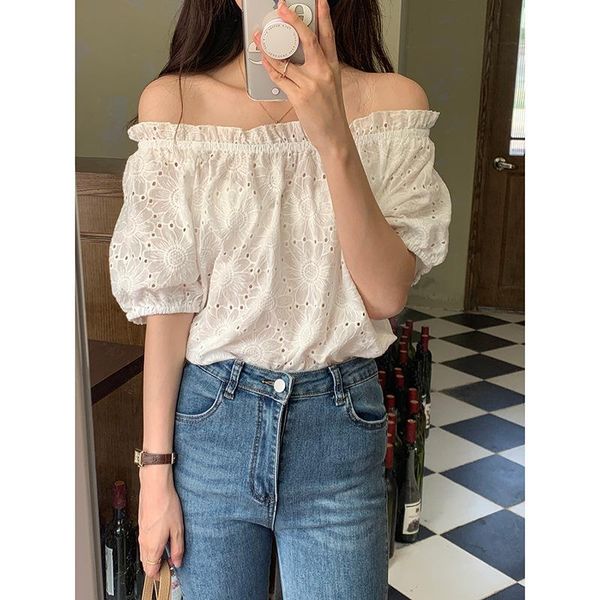 women's blouses & shirts sweet slash neck hook flower hollow women 2021 korean fashion fresh all-match shoulder strapless woman, White
women's blouses & shirts sweet slash neck hook flower hollow women 2021 korean fashion fresh all-match shoulder strapless woman, White