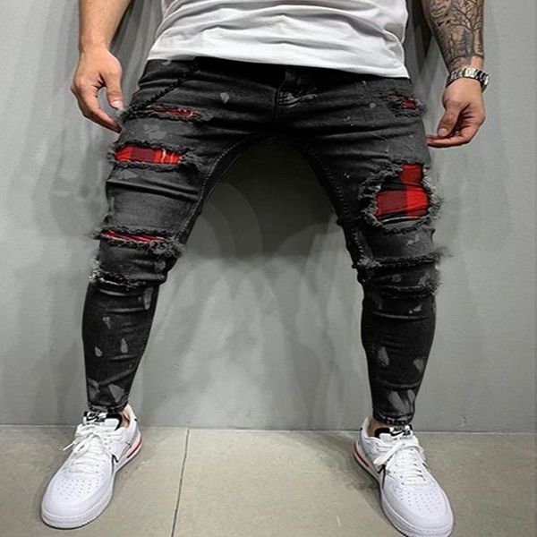 men's tight torn jeans, informal elastic , with fashion mh patch, for jogging and painting, Blue