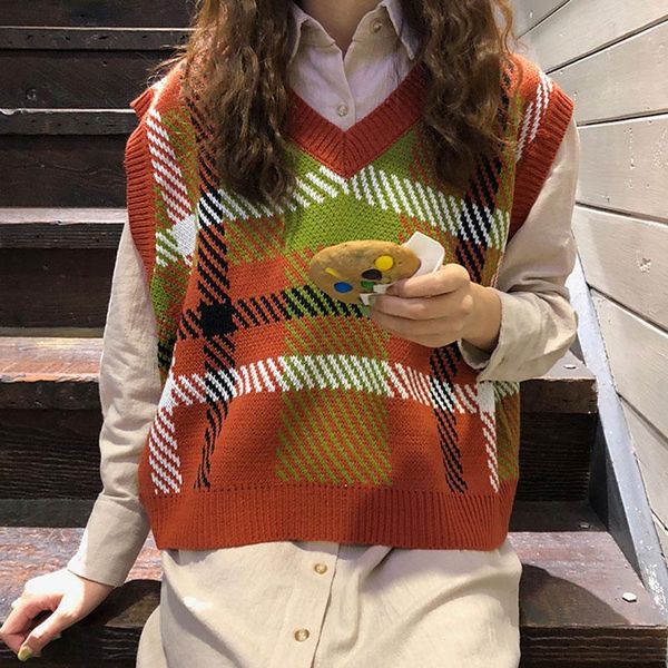 women's vests autumn plaid print knitted womens waistcoat v-neck sleeveless pullover sweater for female streetwear casual loose ladies, Black;white
women's vests autumn plaid print knitted womens waistcoat v-neck sleeveless pullover sweater for female streetwear casual loose ladies, Black;white