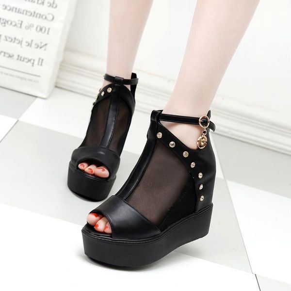 dress shoes 2021 summer women's sandals mesh stitching rhinestone korean version of the wild super slope with fish mouth casual re, Black
dress shoes 2021 summer women's sandals mesh stitching rhinestone korean version of the wild super slope with fish mouth casual re, Black