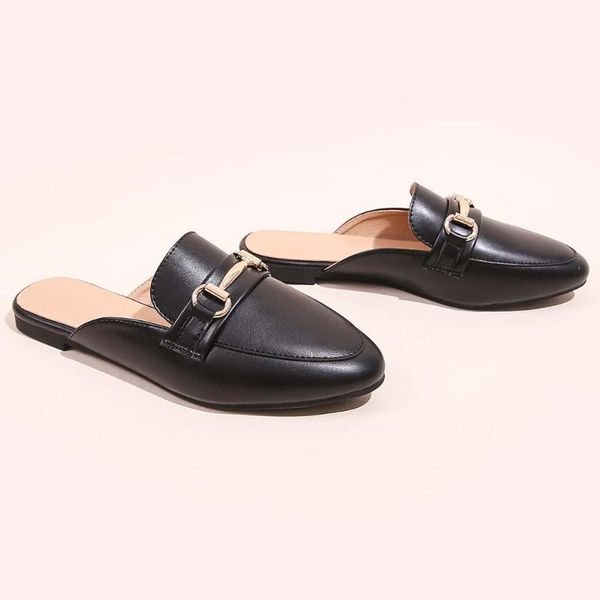 slippers horsebit sandals without heels loafers flat leather mules toe half, Black
slippers horsebit sandals without heels loafers flat leather mules toe half, Black