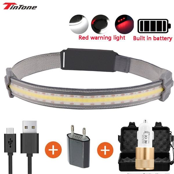 cob led headlamp with built-in battery waterproof head light with tail red warning light