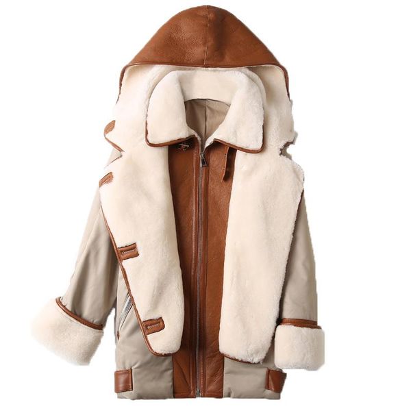 women's fur & faux natural sheep and leather duck down coat women winter jacket with hooded fashion lady warm outwear clothing, Black
women's fur & faux natural sheep and leather duck down coat women winter jacket with hooded fashion lady warm outwear clothing, Black