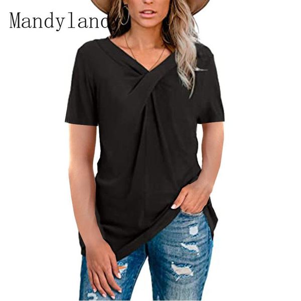 women's t-shirt mandylandy fashion slim fit summer casual short sleeve solid color v-neck pleated pullover, White 
women's t-shirt mandylandy fashion slim fit summer casual short sleeve solid color v-neck pleated pullover, White
