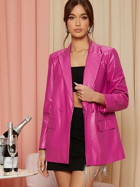 double breasted pu leather blazer b06f#, White;black