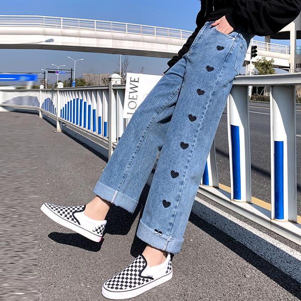women's jeans women 2021 spring heart embroidery streetwear high waist wide leg long pants vintage casual baggy straight denim trouser, Blue
women's jeans women 2021 spring heart embroidery streetwear high waist wide leg long pants vintage casual baggy straight denim trouser, Blue
