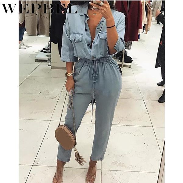 women's jumpsuits & rompers wepbel women denim jumpsuit ladies single breasted turn down collar jeans female overall playsuit with pock, Black;white
women's jumpsuits & rompers wepbel women denim jumpsuit ladies single breasted turn down collar jeans female overall playsuit with pock, Black;white