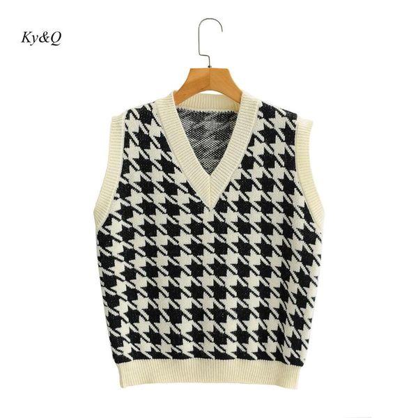 women's sweaters 2021 autumn winter runway retro houndstooth sweater vest women v-neck knitted pullovers waistcoat sleeveless knitwear, White;black
women's sweaters 2021 autumn winter runway retro houndstooth sweater vest women v-neck knitted pullovers waistcoat sleeveless knitwear, White;black
