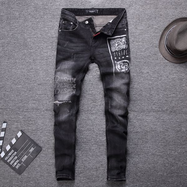 2021 new fashion streetwear black color printed designer ripped slim fit elastic hip hop jeans men punk denim pants 486b, Blue
2021 new fashion streetwear black color printed designer ripped slim fit elastic hip hop jeans men punk denim pants 486b, Blue