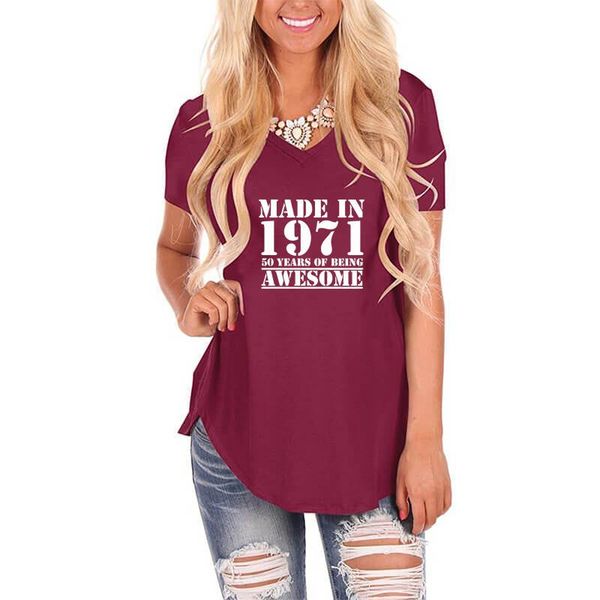 women's t-shirt made in 1971 50 years letter print women loose v neck vintage shirt for female femme 50th birthday gift casual top, White
women's t-shirt made in 1971 50 years letter print women loose v neck vintage shirt for female femme 50th birthday gift casual top, White