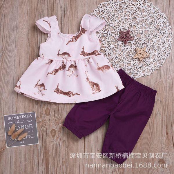 spring and summer style children's wear rabbit print short sleeve + solid color shorts two piece set, White
spring and summer style children's wear rabbit print short sleeve + solid color shorts two piece set, White