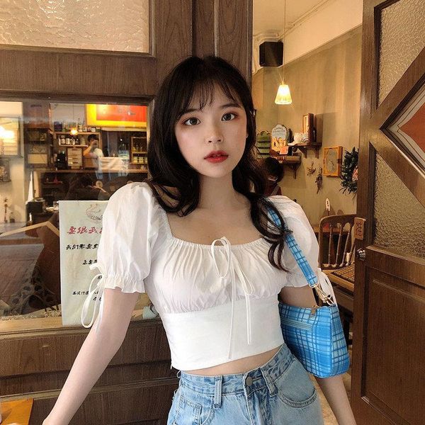 women's blouses & shirts blouse women shirt bow puff sleeve short 2021 summer for blusas mujer de moda, White
