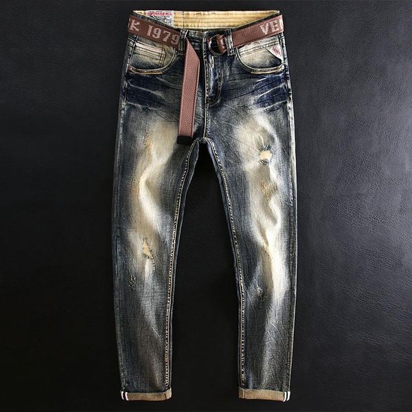 men's jeans italian style fashion men retro elastic slim fit ripped patched vintage designer casual denim pants, Blue
men's jeans italian style fashion men retro elastic slim fit ripped patched vintage designer casual denim pants, Blue