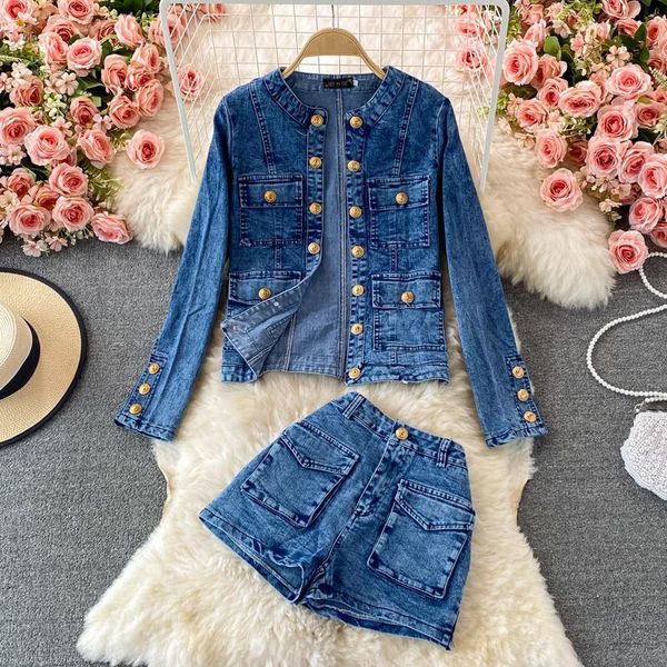 women's tracksuits chic casual buttons and pockets decorated women denim jacket short jeans one set, Gray
women's tracksuits chic casual buttons and pockets decorated women denim jacket short jeans one set, Gray