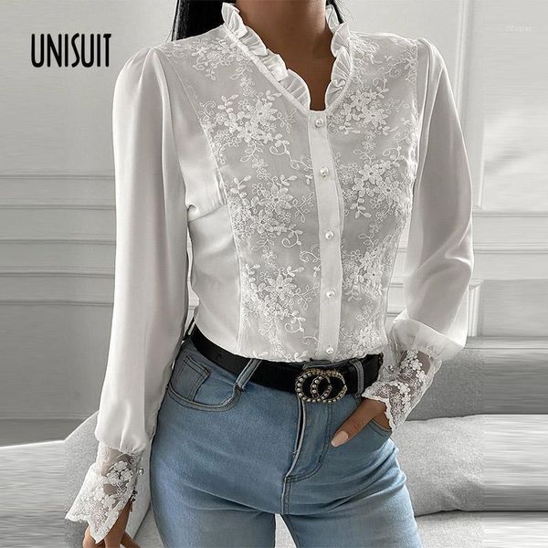 women's blouses & shirts embroidery flower lace women buttoned stand collar ruffle 2021 spring autumn long sleeve patchwork blusa, White
women's blouses & shirts embroidery flower lace women buttoned stand collar ruffle 2021 spring autumn long sleeve patchwork blusa, White