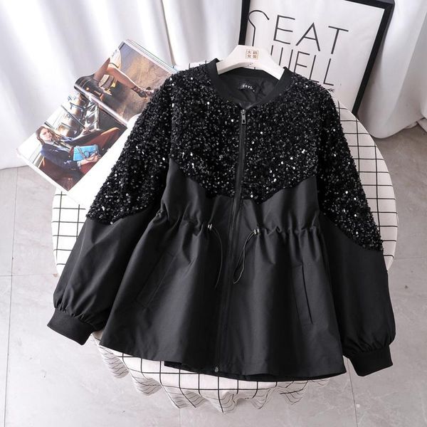 women's trench coats luxury round neck stitching sequined zipper drawstring loose coat clothing 2021 autumn jacket outerwear, Tan;black
women's trench coats luxury round neck stitching sequined zipper drawstring loose coat clothing 2021 autumn jacket outerwear, Tan;black