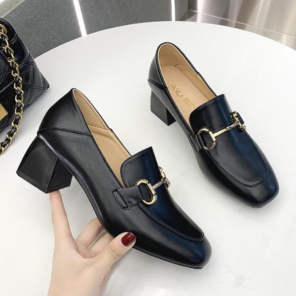 dress shoes women high heels female metal buckle loafers comfortable pu mid-heel womens casual british style oxford, Black