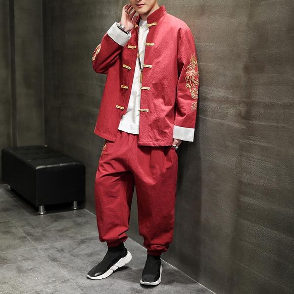 men's tracksuits 2021 vintage cotton streetwear long sleeve shirt & ankle length pants chinese style men sets dragon embroried casual, Gray
men's tracksuits 2021 vintage cotton streetwear long sleeve shirt & ankle length pants chinese style men sets dragon embroried casual, Gray