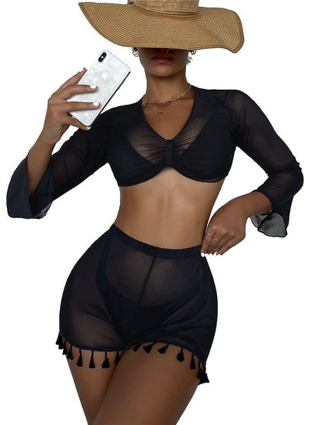 women's swimwear long sleeve bikini cover up mesh black tunic with tassel short pant women beach wear, White;black
women's swimwear long sleeve bikini cover up mesh black tunic with tassel short pant women beach wear, White;black