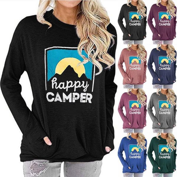 women's t-shirt autumn fashion sweater happy camper letter printing loose round neck long sleeve, White 
women's t-shirt autumn fashion sweater happy camper letter printing loose round neck long sleeve, White