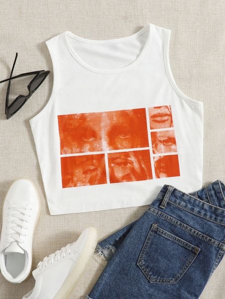plus figure graphic crop tank o294#, Black