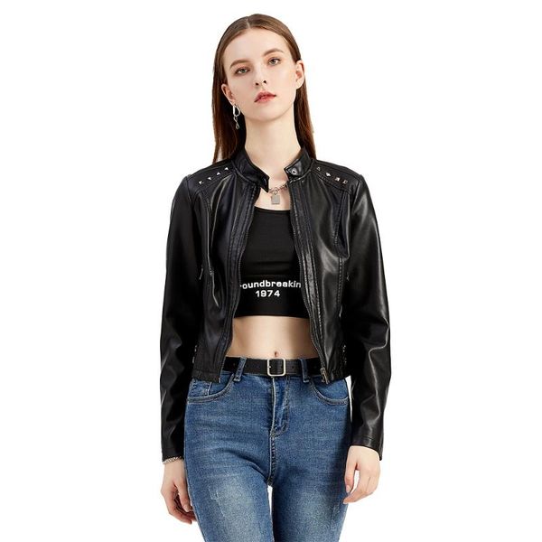 women's leather & faux rivet jacket short spring autumn stand collar fashion long-sleeved thin motor biker coat woman, Black
women's leather & faux rivet jacket short spring autumn stand collar fashion long-sleeved thin motor biker coat woman, Black