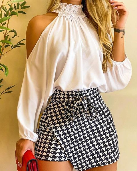 work dresses autumn women 2 pieces cold shoulder blouse & houndstooth print skort set 2022 office lady ootd tied outfits clothing, White;black
work dresses autumn women 2 pieces cold shoulder blouse & houndstooth print skort set 2022 office lady ootd tied outfits clothing, White;black