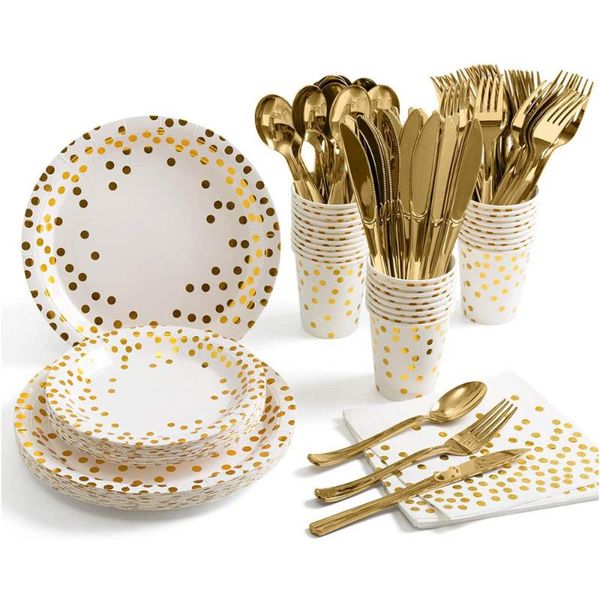 disposable dinnerware 175pcs tableware set bronzing polka dot paper towel cup plate knife fork spoon wedding birthday party supplies
disposable dinnerware 175pcs tableware set bronzing polka dot paper towel cup plate knife fork spoon wedding birthday party supplies