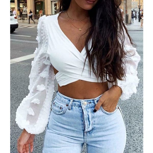 women deep v neck backless shirts crop autumn ladies bandage slim fit party wrap casual blouse tee, White 
women deep v neck backless shirts crop autumn ladies bandage slim fit party wrap casual blouse tee, White