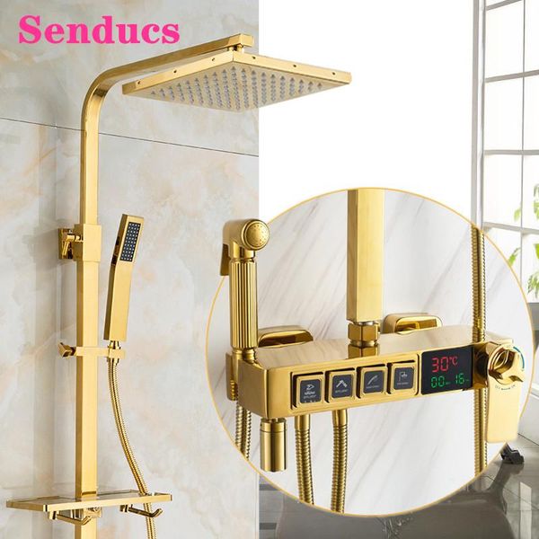 gold bathroom shower set senducs stainless steel rainfall shower head brass bathtub faucet digital thermostatic set
gold bathroom shower set senducs stainless steel rainfall shower head brass bathtub faucet digital thermostatic set