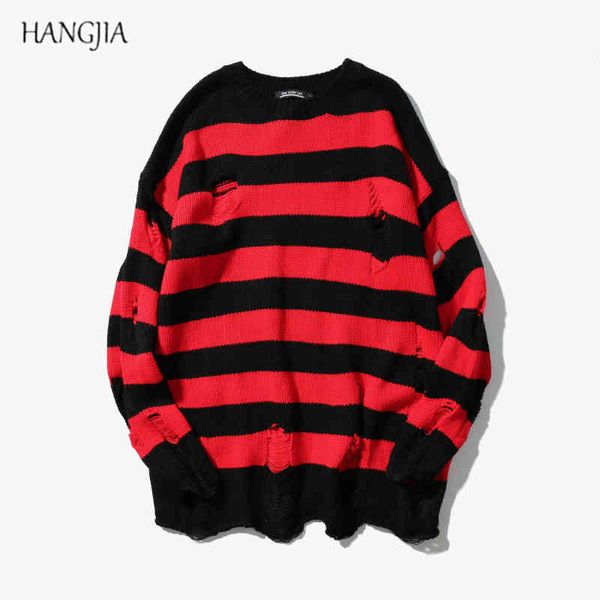 black red striped s washed dtroyed ripped hole knit jumpers men women oversized sweater harajuku, White;black
black red striped s washed dtroyed ripped hole knit jumpers men women oversized sweater harajuku, White;black