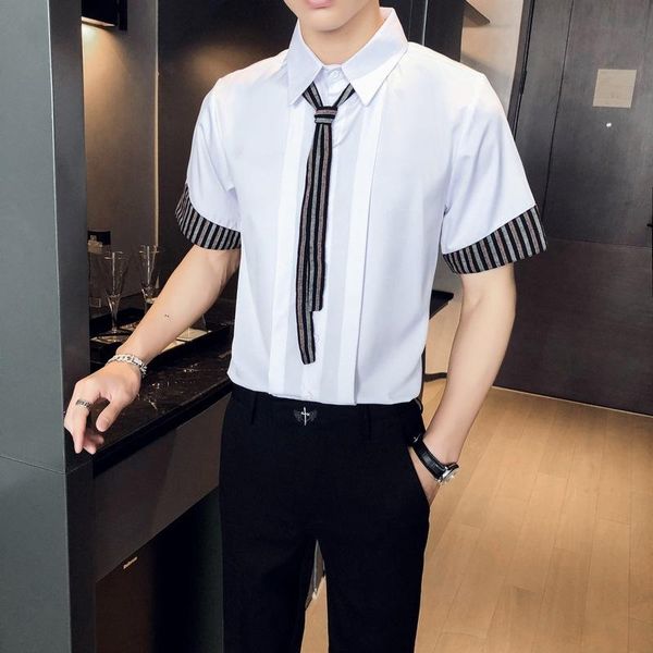 men's casual shirts summer short sleeve men tie decoration slim streetwear fashion social party nightclub clothing chemise homme, White;black
men's casual shirts summer short sleeve men tie decoration slim streetwear fashion social party nightclub clothing chemise homme, White;black