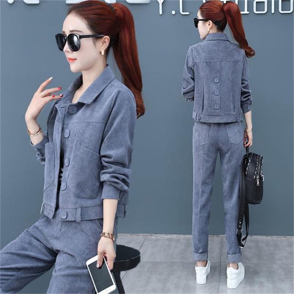 women's tracksuits women corduroy sets spring 2021 two-piece england style casual jacket fashion solid coat wide leg pants loose female, Gray
women's tracksuits women corduroy sets spring 2021 two-piece england style casual jacket fashion solid coat wide leg pants loose female, Gray