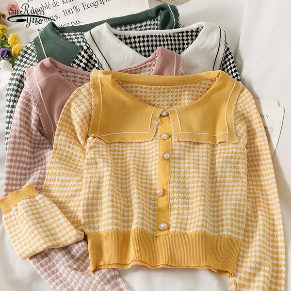 women's sweaters preppy style navy collar jacquard plaid sweater knitted autumn long sleeve knitwear 2021 loose slim cotton blouse wome, White;black
women's sweaters preppy style navy collar jacquard plaid sweater knitted autumn long sleeve knitwear 2021 loose slim cotton blouse wome, White;black