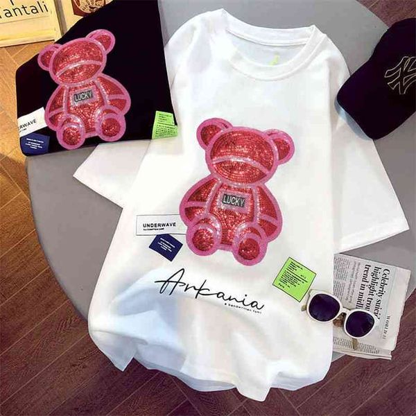 net red sequined bear mid-length short-sleeved t-shirt female summer korean cartoon loose casual all-match for women 210708, White
net red sequined bear mid-length short-sleeved t-shirt female summer korean cartoon loose casual all-match for women 210708, White