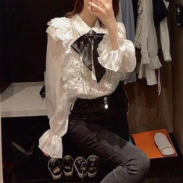 men's casual shirts koean style lace elegant blouse and women long sleeve turn down collar slim ladies vintage female 2021 spring, White;black
men's casual shirts koean style lace elegant blouse and women long sleeve turn down collar slim ladies vintage female 2021 spring, White;black