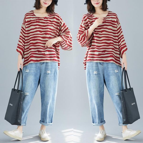 women's t-shirt 2021 summer arrival loose plus size thin simple red striped casual three-quarter sleeve fat mm women, White
women's t-shirt 2021 summer arrival loose plus size thin simple red striped casual three-quarter sleeve fat mm women, White