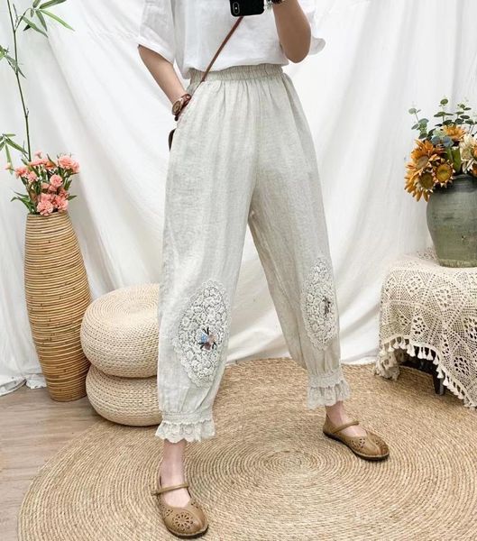 women's pants & capris p11 2021 japan mori girl embroidery lace casual women loose cotton linen elastic waist, Black;white
women's pants & capris p11 2021 japan mori girl embroidery lace casual women loose cotton linen elastic waist, Black;white