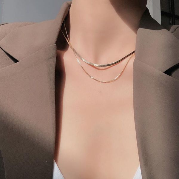 chains fashion chic simple girls delicate box chain and herringbone necklace double layer choker 1425y, Silver 
chains fashion chic simple girls delicate box chain and herringbone necklace double layer choker 1425y, Silver
