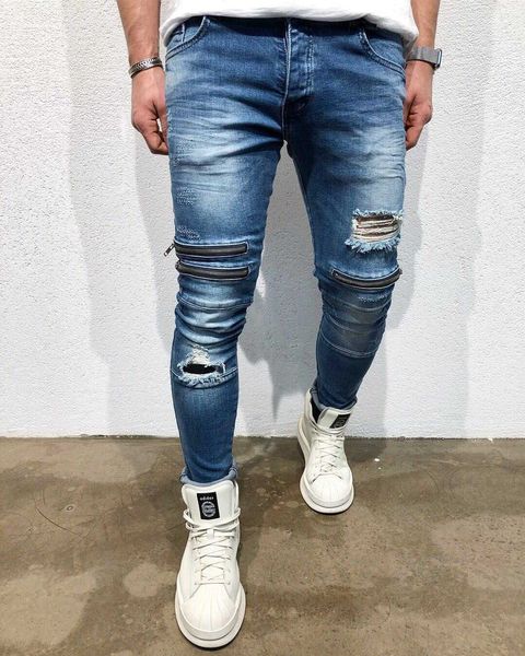knee holes jeans for men fashion slim fit ripped pencil pants punk rap male trousers, Blue
knee holes jeans for men fashion slim fit ripped pencil pants punk rap male trousers, Blue