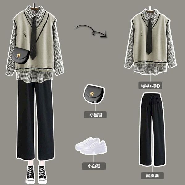 women's two piece pants preppy women's three-piece suit spring 2021 autumn long-sleeved plaid shirt + knitted sweater vest casual w, White
women's two piece pants preppy women's three-piece suit spring 2021 autumn long-sleeved plaid shirt + knitted sweater vest casual w, White