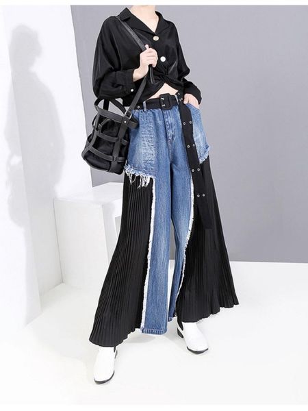 women's jeans harajuku high waist wide leg pants pleated chiffon patchwork denim women casual europe street designer trousers, Blue
women's jeans harajuku high waist wide leg pants pleated chiffon patchwork denim women casual europe street designer trousers, Blue