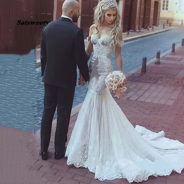 modest mermaid wedding dresses off the shoulder tulle lace appliques wedding gowns sweep train robe de mariée plus size, White
modest mermaid wedding dresses off the shoulder tulle lace appliques wedding gowns sweep train robe de mariée plus size, White