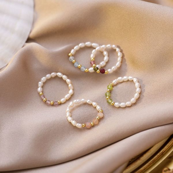 love ring aomu retro crystal multi beaded pearl s natural freshwater geometric s for women continuous circle minimalist, Slivery;golden